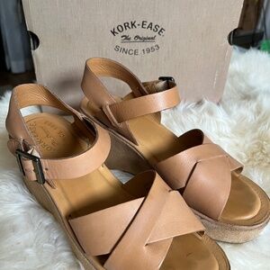 Kork-Ease Natural Leather Platform Wedge Sandal -  Size 9